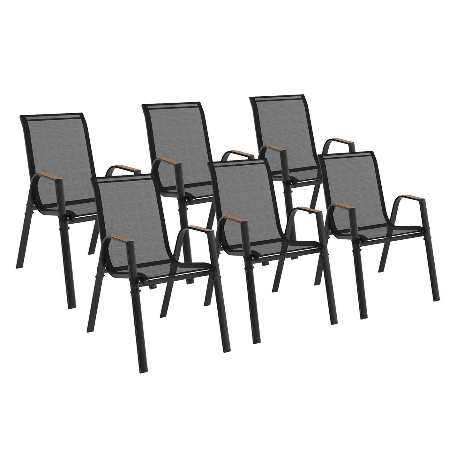 Lot de 6 chaises de jardin NOUMEA métal et textilène empilables noir et bois - 2