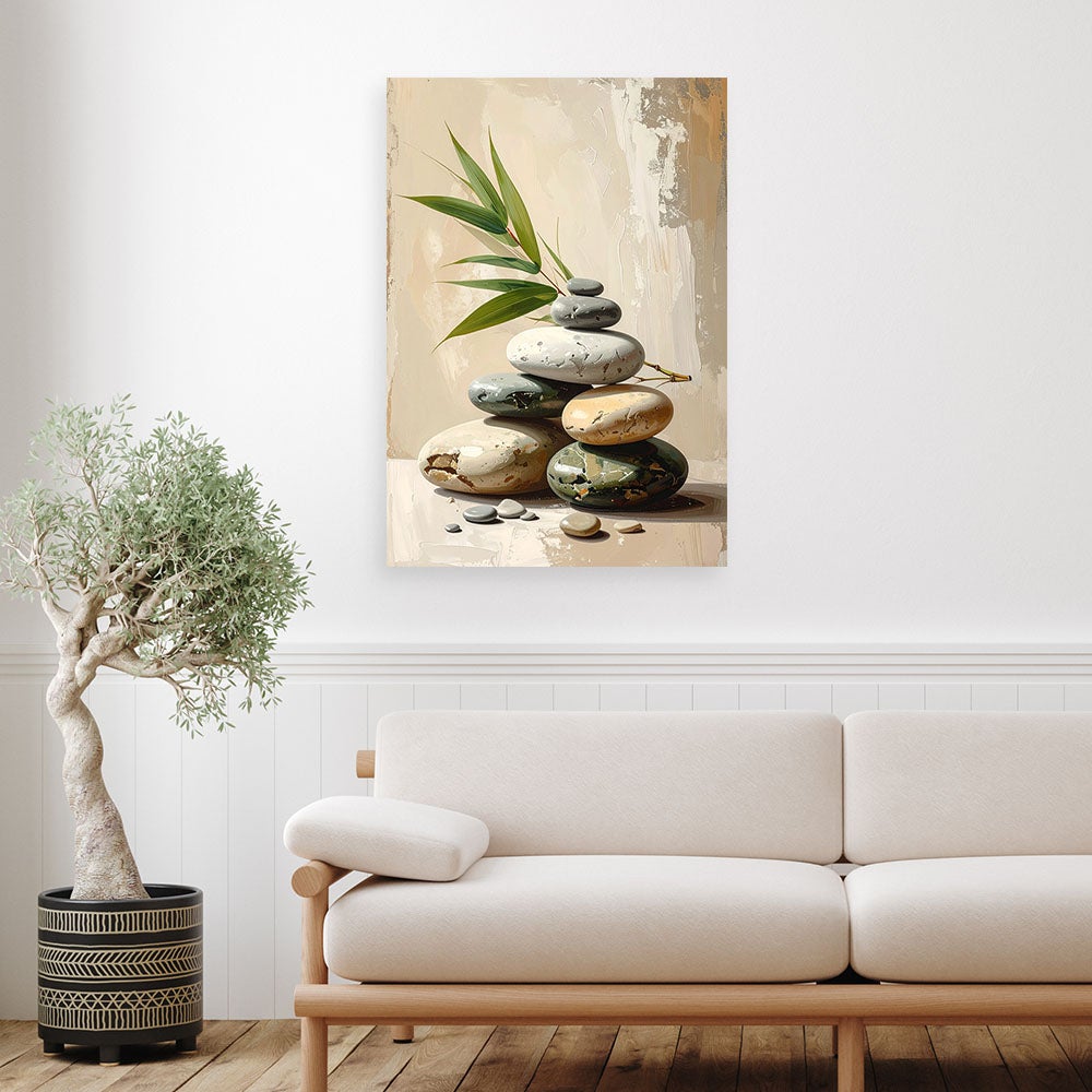 Obraz do salonu sypialni, Kamienie zen spa liście bambusa w beżu 70x100 - 2