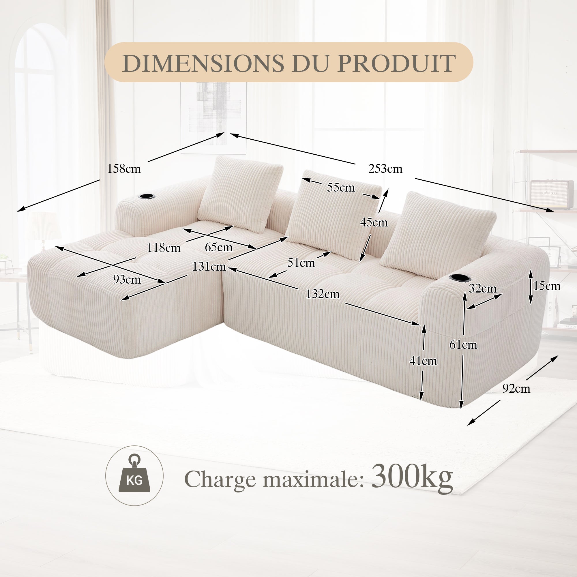 Canapé Convertible d'angle 3 Places en L avec poche latérale et Porte-Gobelets, Canapé Modulable Convertible en Velours Côtelé avec 3 Coussins, Beige - 9