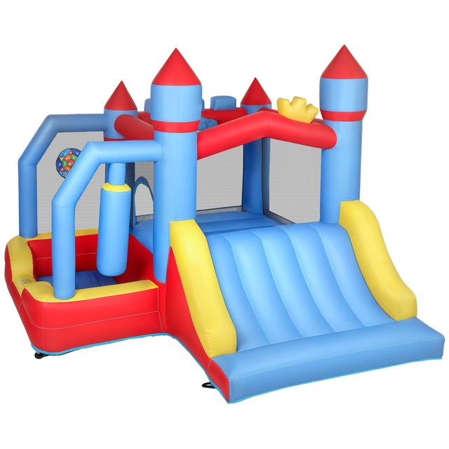 Outsunny Castillo Hinchable Infantil Con Tobogán, Trampolín Y Cesta De Baloncesto - Tamaño 280x260x210 Cm - Incluye Inflador Eléctrico Y Bolsa De Transporte
