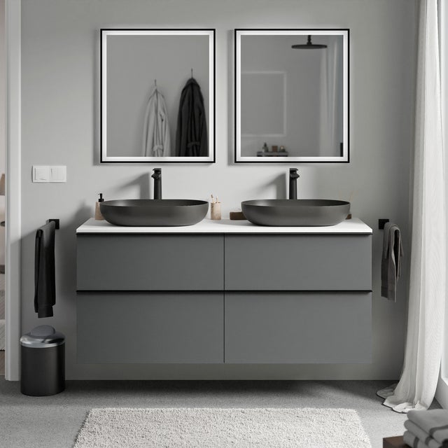 BERNSTEIN - Meuble sous vasque suspendu MDF Anthracite mat, plan vasque Blanc mat, poignée Chrome - 140x46x62cm - LAVOA