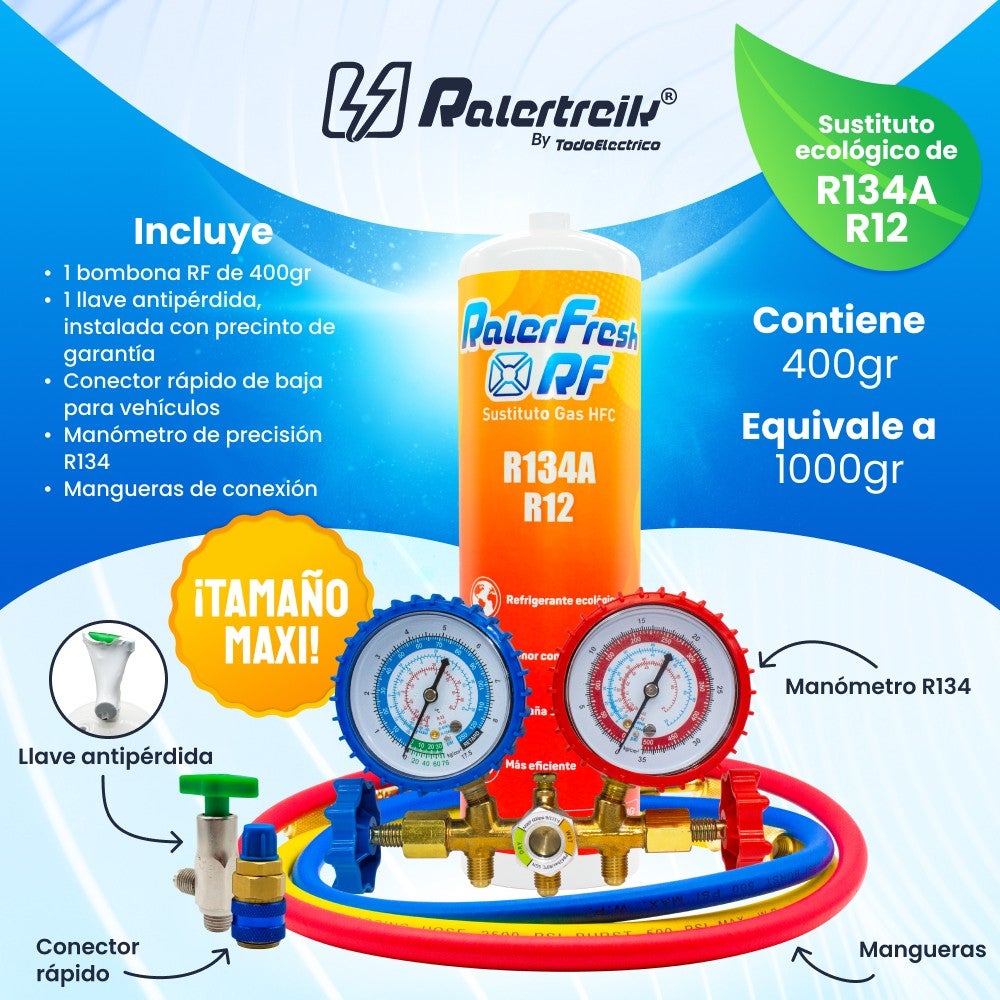 Gaz réfrigérant de substitution Ralerfresh RF pour gaz R12 et R134A plus clé, manomètre R134 et connecteur rapide - 4