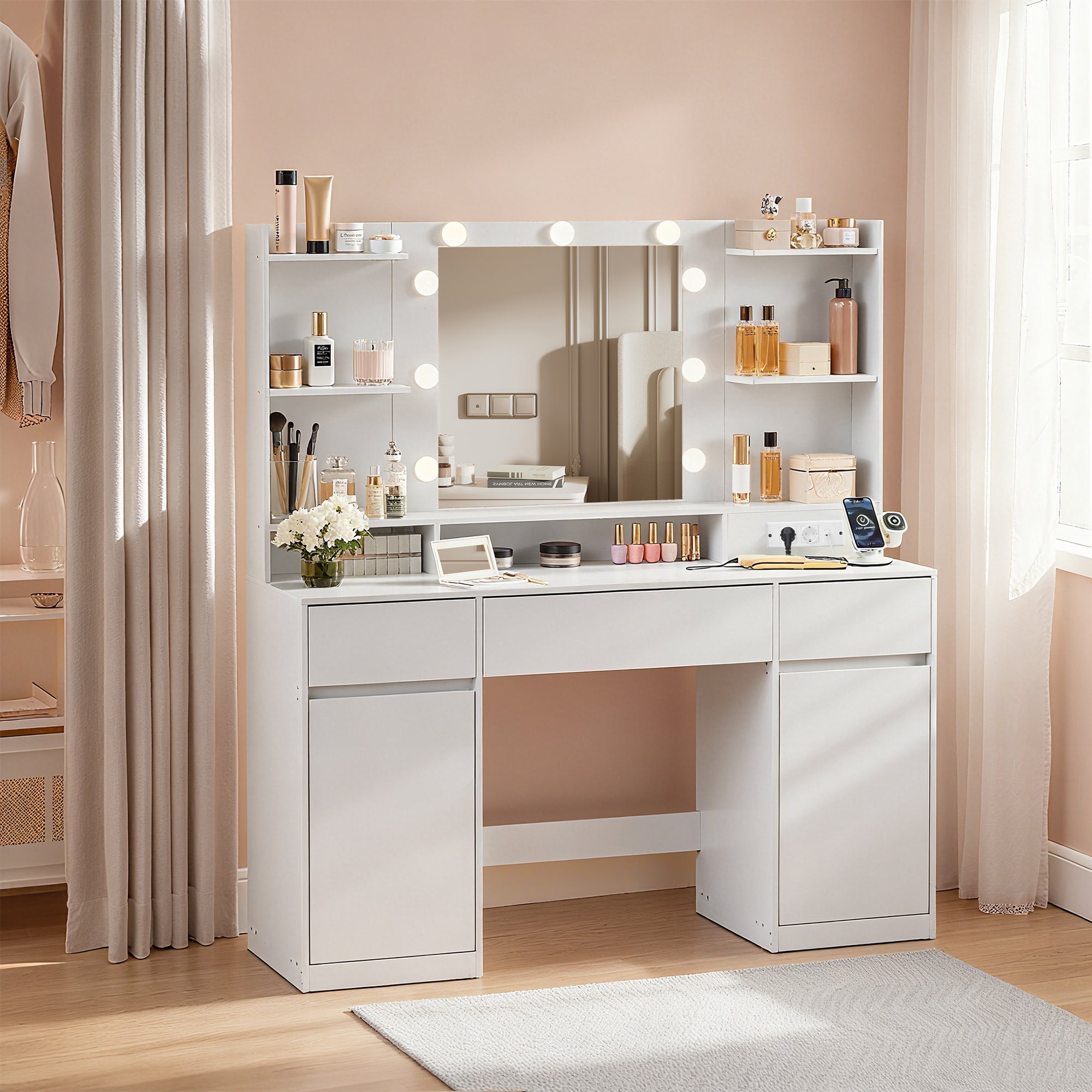 Coiffeuse avec Miroir LED, Multiprise, 2 Placards, 9 Ampoules, Éclairage 3 Couleurs, Blanc - 2