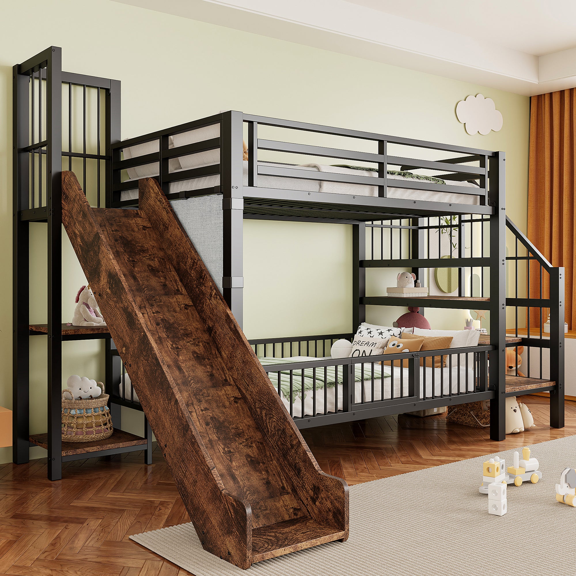 Metalowe łóżko piętrowe dla dzieci 90 x 200 cm - ze zjeżdżalnią - z barierkami bezpieczeństwa - ze schodkami - z półką - czarny (bez materaca)