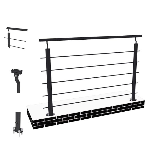 Garde-corps Aluminium Noir 150cm - Rampe d'escalier 150cm - Fixation à plat (5 traverses +1 main courante) - Pour tous espaces