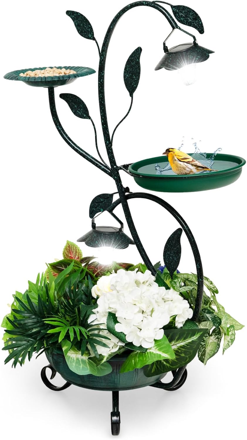 SOARS Bain D'Oiseaux Solaire Avec Lampe - Mangeoire Et Pot De Fleurs Vintage Résistant