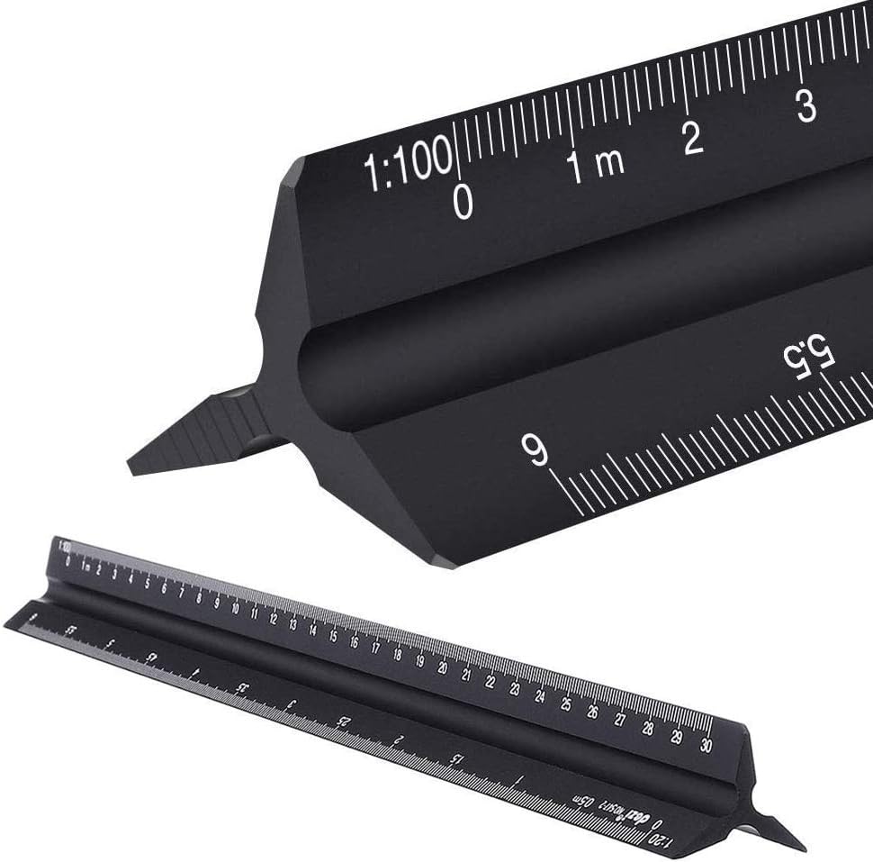 Czarny trójkątny przymiar z metalową podziałką dla architekta i inżyniera, matryca 30 cm, 1:20, 1:25, 1:50, 1:75, 1:100, 1:125 (worek ochronny)
