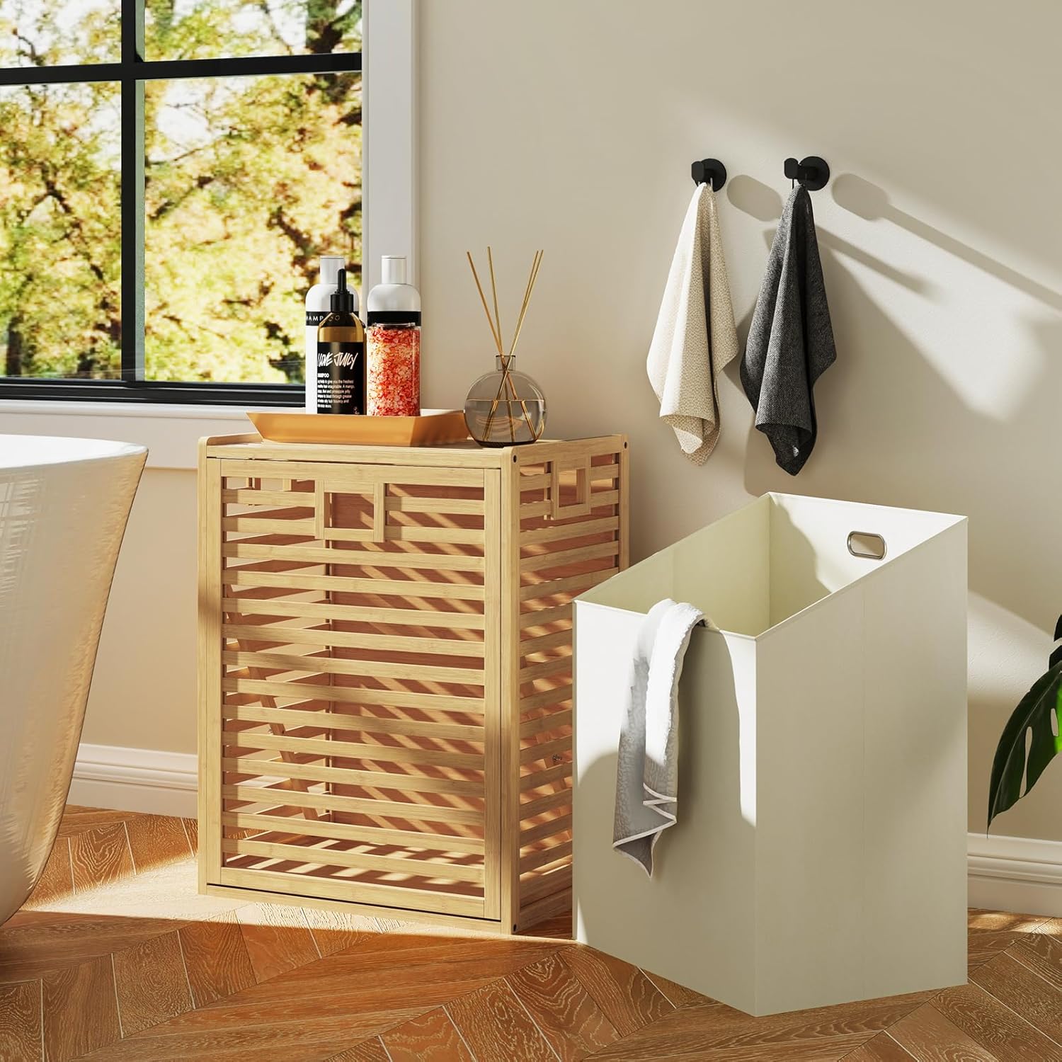 Panier à Linge en Bambou, 2 Compartiment, Meuble Linge Placard 68 L, Panier à Linge Amovible, Sac à Doublure Amovible, Meuble Linge Sale - 3