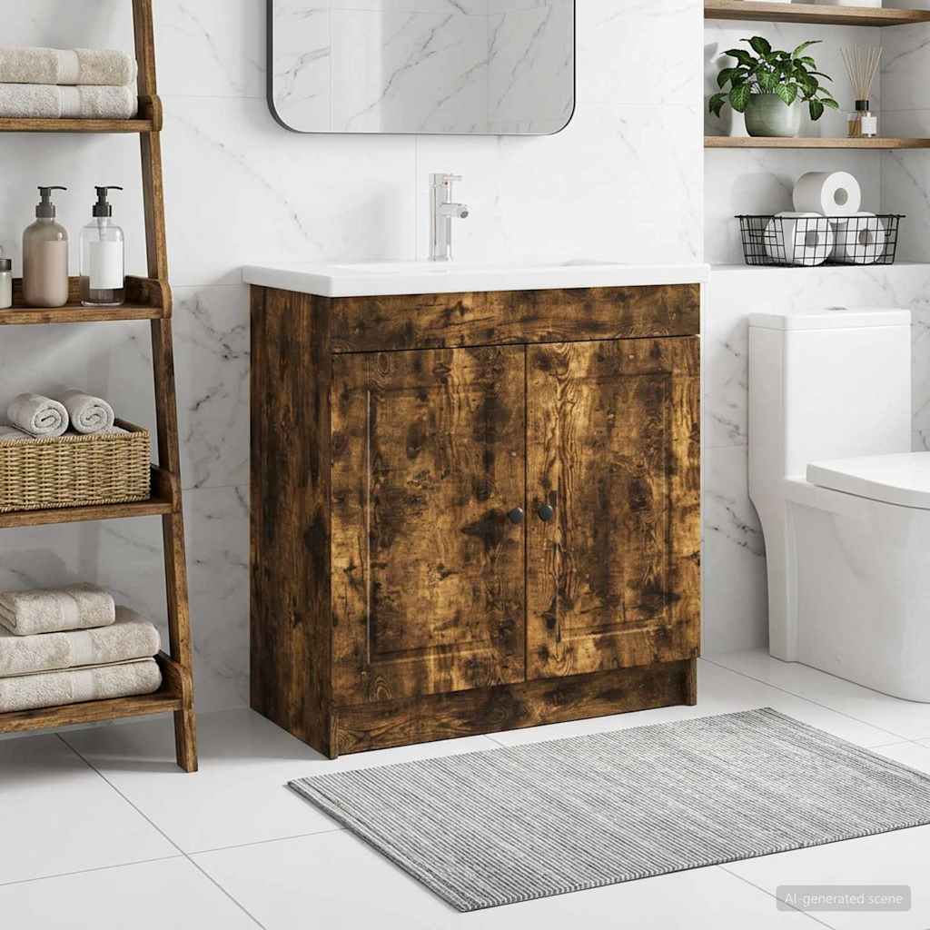 Armario bajo fregadero roble ahumado para baño, 78,5 × 37,5 × 81 cm