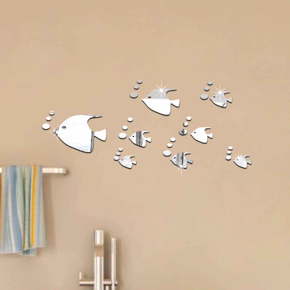 Naklejka ścienna z bąbelkami w kształcie ryby morskiej, efekt lustrzany 3D, DIY, zdejmowana naklejka (srebrna)