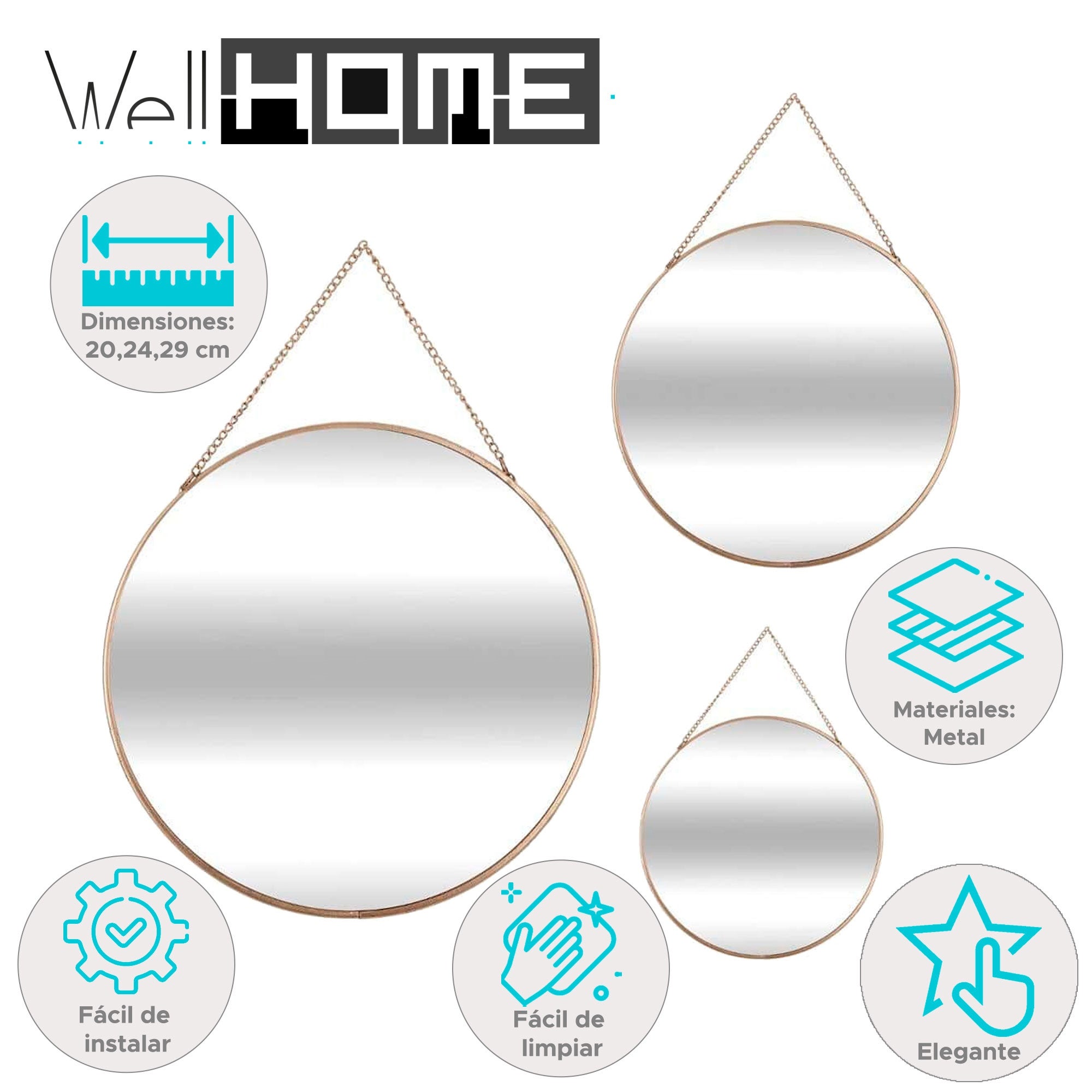 WELLHOME Set de 3 espejos redondos con cadena color oro Ø20, Ø24, Ø29 cm - 2