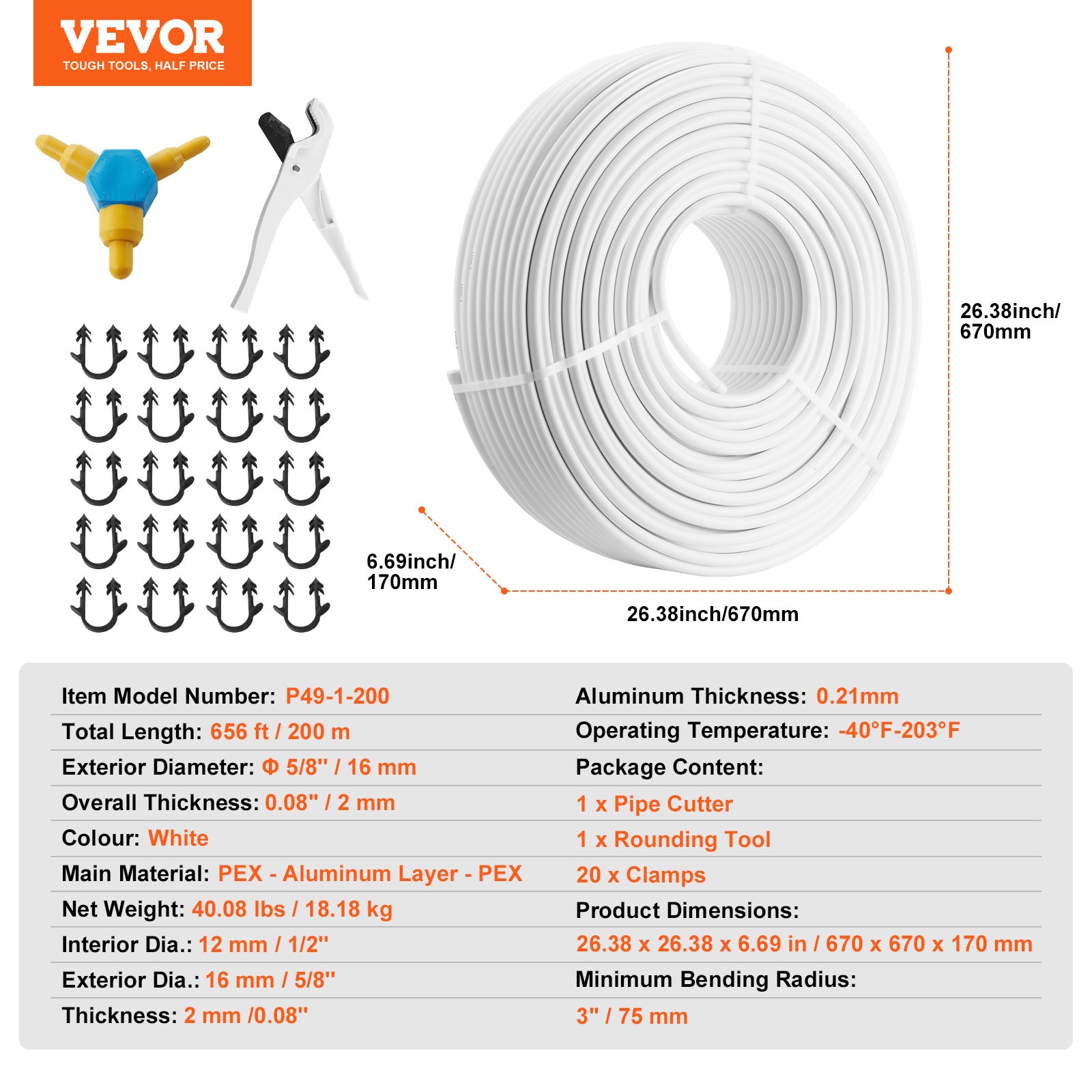 Tuyau PEX AL PEX Chauffage Sol VEVOR 200 m Rouleau Tube PEX-AL-PEX Composite Aluminium-Plastique Φ 16 mm Épaisseur 2 mm Barrière Oxygène Tuyau pour - 8
