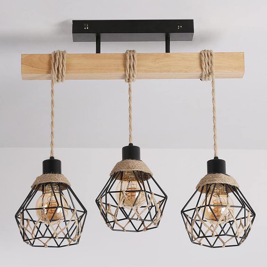 Lustre vintage, suspension à 3 têtes, plafonnier rustique, suspension en métal, éclairage d'îlot, hauteur réglable, 55 cm - 5