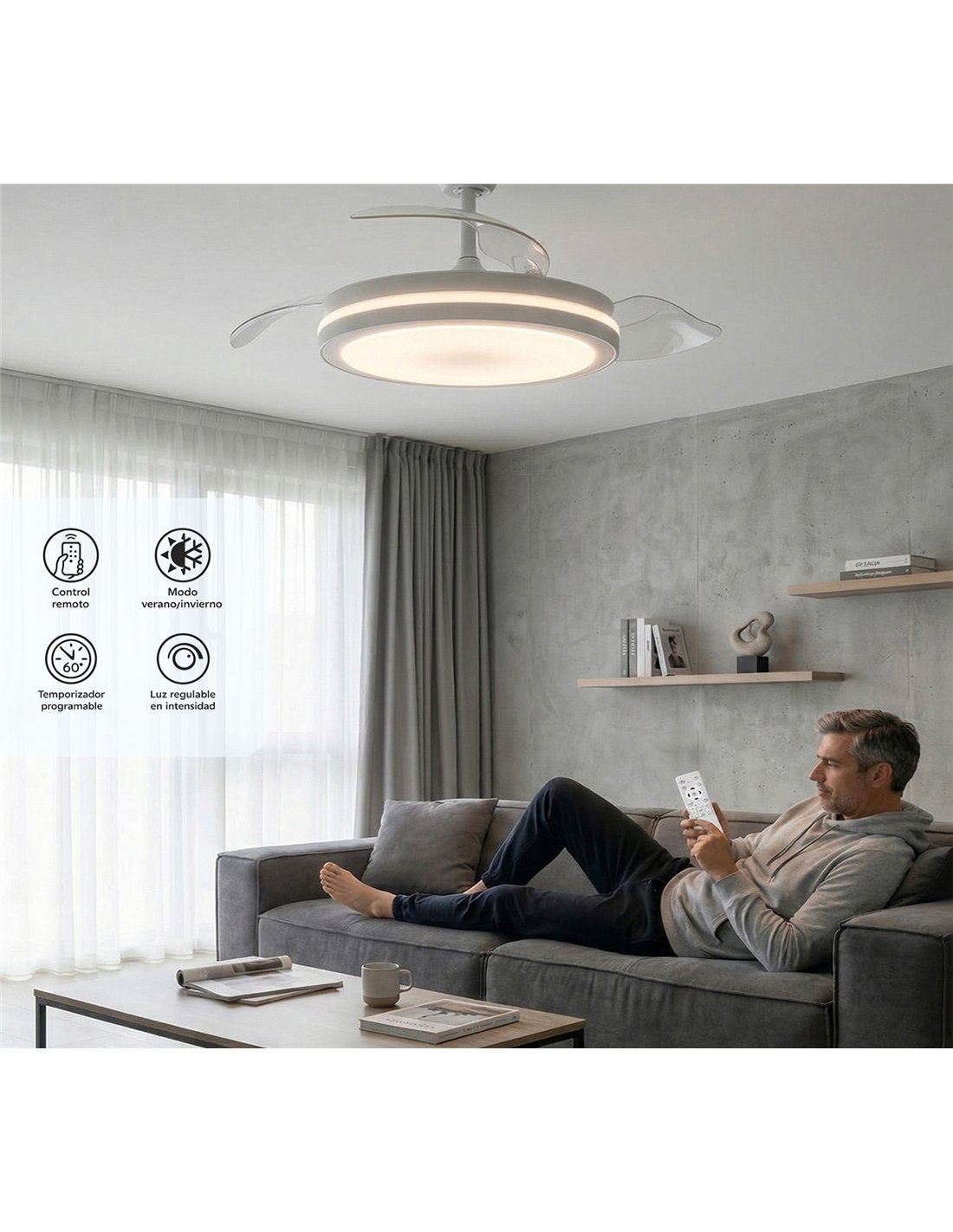 JARDIN202 - Ventilador de Techo con Aspas Retráctiles, Motor DC, Temporizador, Luz LED Regulable, Mando a Distancia | Tarifa (Blanco) - 5