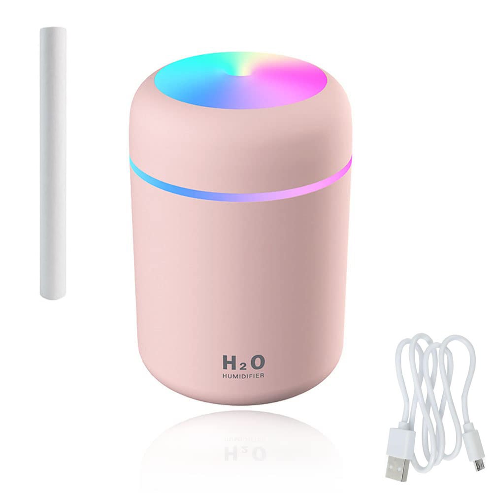 Osobisty nawilżacz biurkowy USB, mini nawilżacz samochodowy 300 ml, 2 tryby mgiełki, z kolorową lampką nocną LED, &amp;lt; 30 dB (różowy)