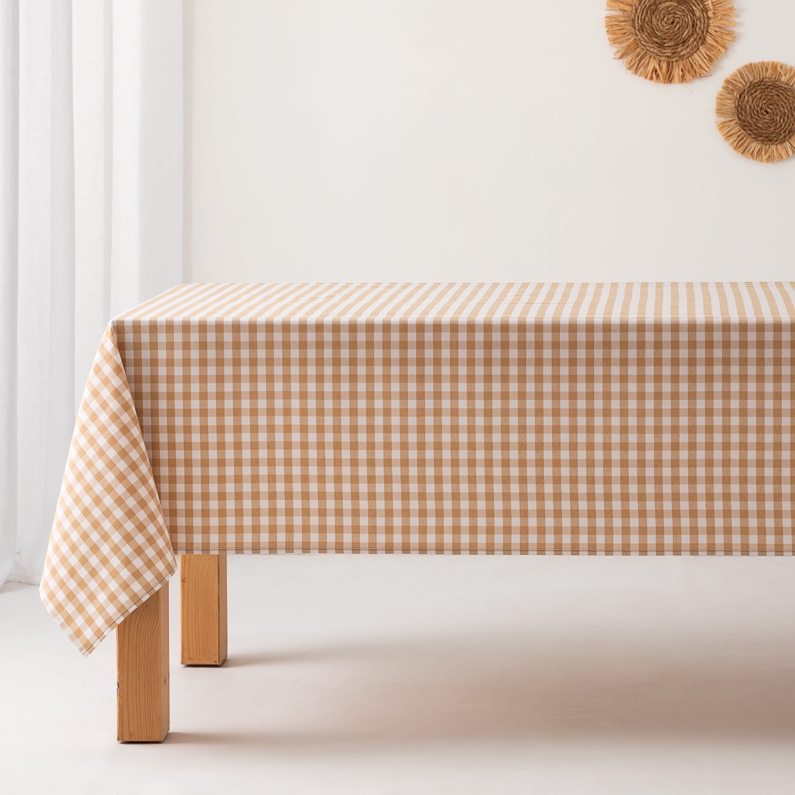 Obrus plamoodporny vichy z bawełny, miękki w dotyku, beżowy 140x300 cm - 2