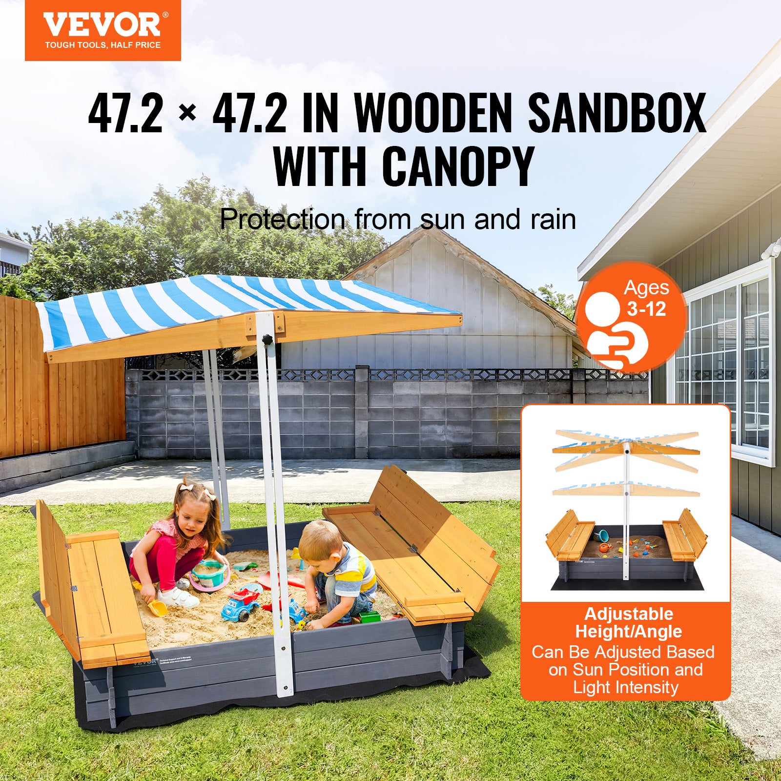 VEVOR Bac à Sable Carré En Bois Avec Auvent Ajustable – 1455x1200x1200 Mm – Pour 2 à 4 Enfants