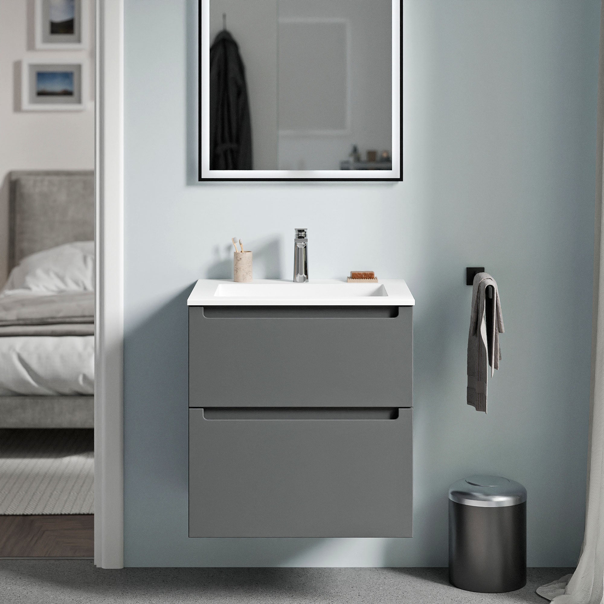 Bernstein - mueble lavabo suspendido mdf antracita mate, lavabo fundición blanco mate + orificio grifería, cajone giratorio 60x46x62cm vireo