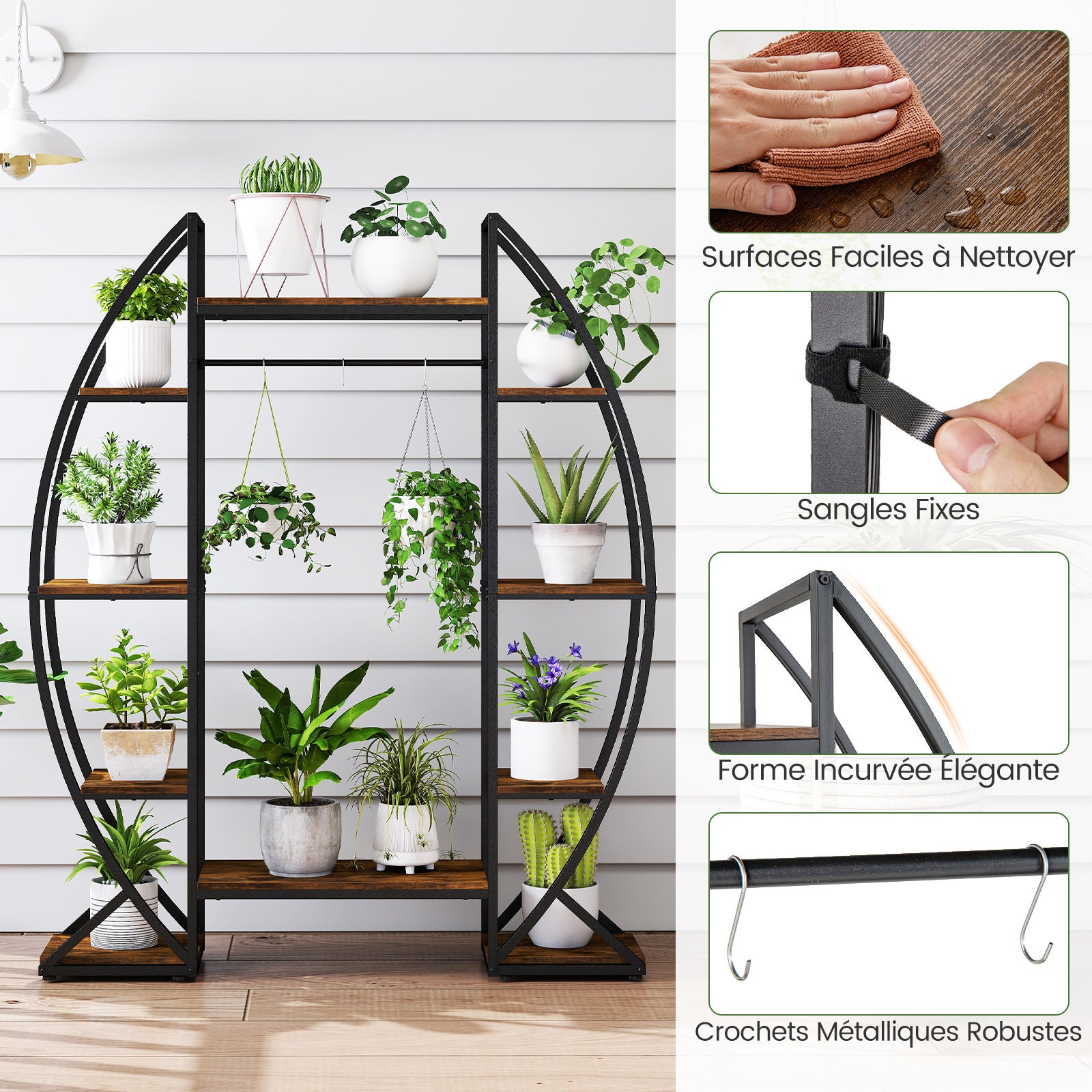 Support de Plante Métallique d'Angle à 10 Étagères Ouvertes, Étagère à Fleur avec Lumière de Croissance, Support Pot de Fleur pour Balcon Salon,Marron - 8