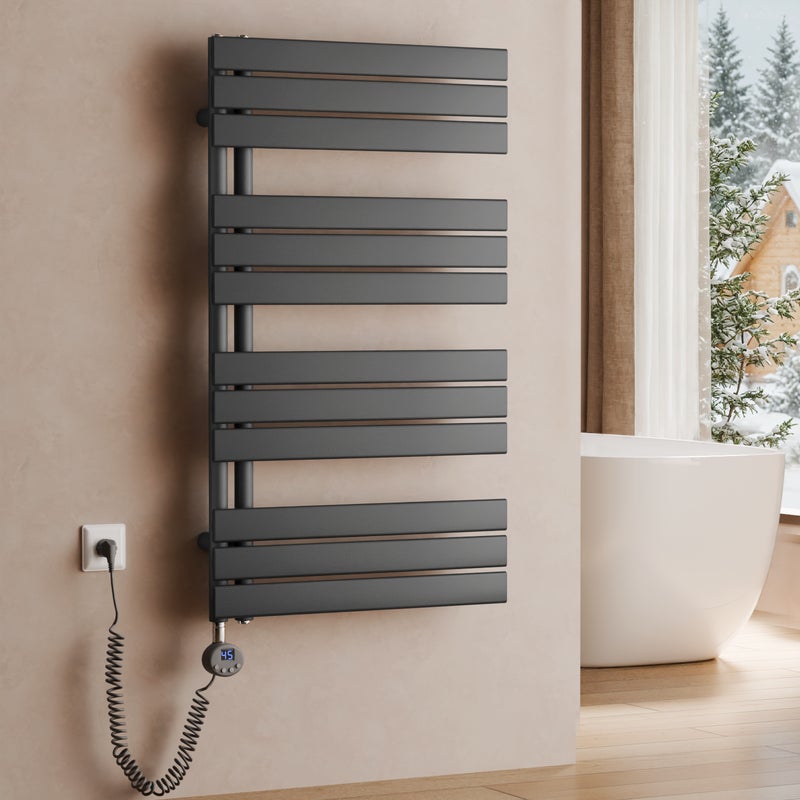 Grzejnik łazienkowy elektryczny z grzałką i termostatem, 104 × 60 cm, 600 W, antracytowy, montaż na ścianie