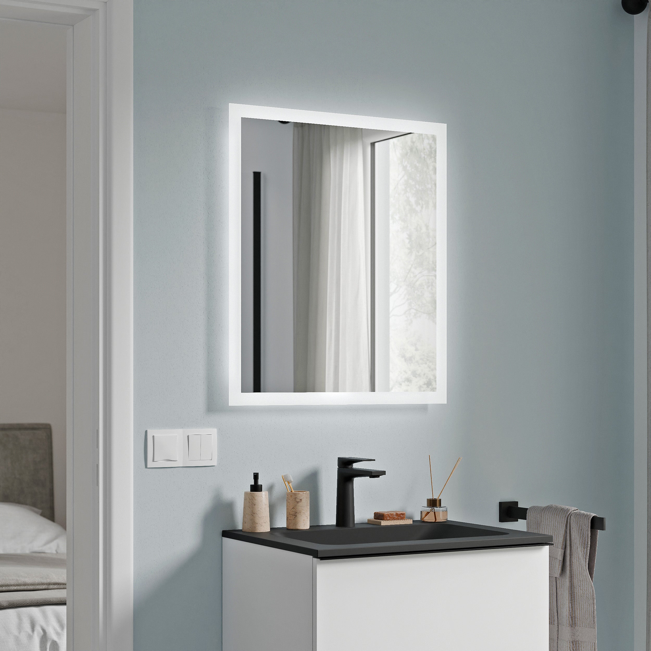 BERNSTEIN - Espejo de baño LED rectangular 70x60cm (AxL) marco blanco ...