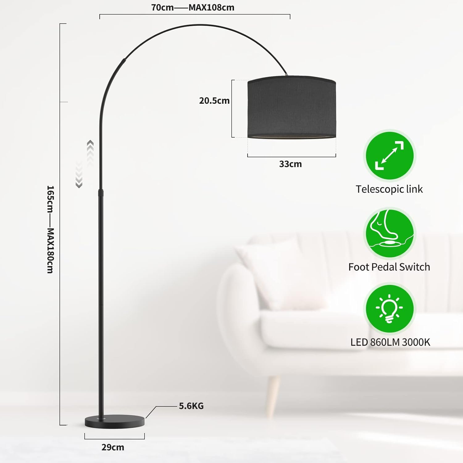 Lampadaire Arc Moderne, LED E27 9W 3000K, Abat-Jour Noir 33cm, Interrupteur au Pied, Structure Métallique, Pour Salon, Bureau, Hôtel - 2