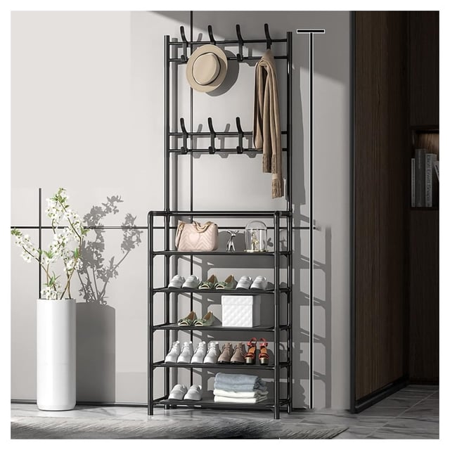 Trade Shop - Scarpiera Cappelliera Da Terra Casa Appendiabiti 3 In 1 Panca Scarpe Con 8 Ganci - Nero