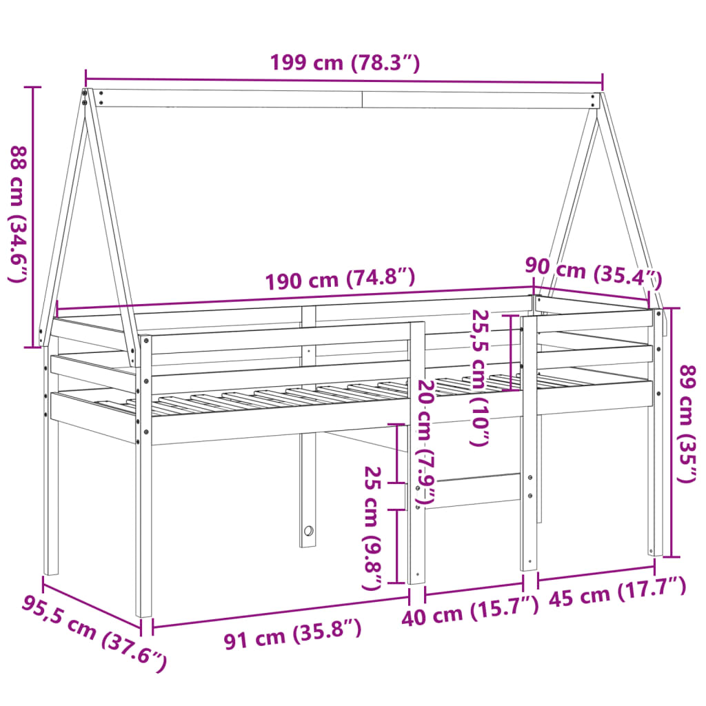 Lit haut avec toit blanc 90x190 cm bois de pin massif - 9