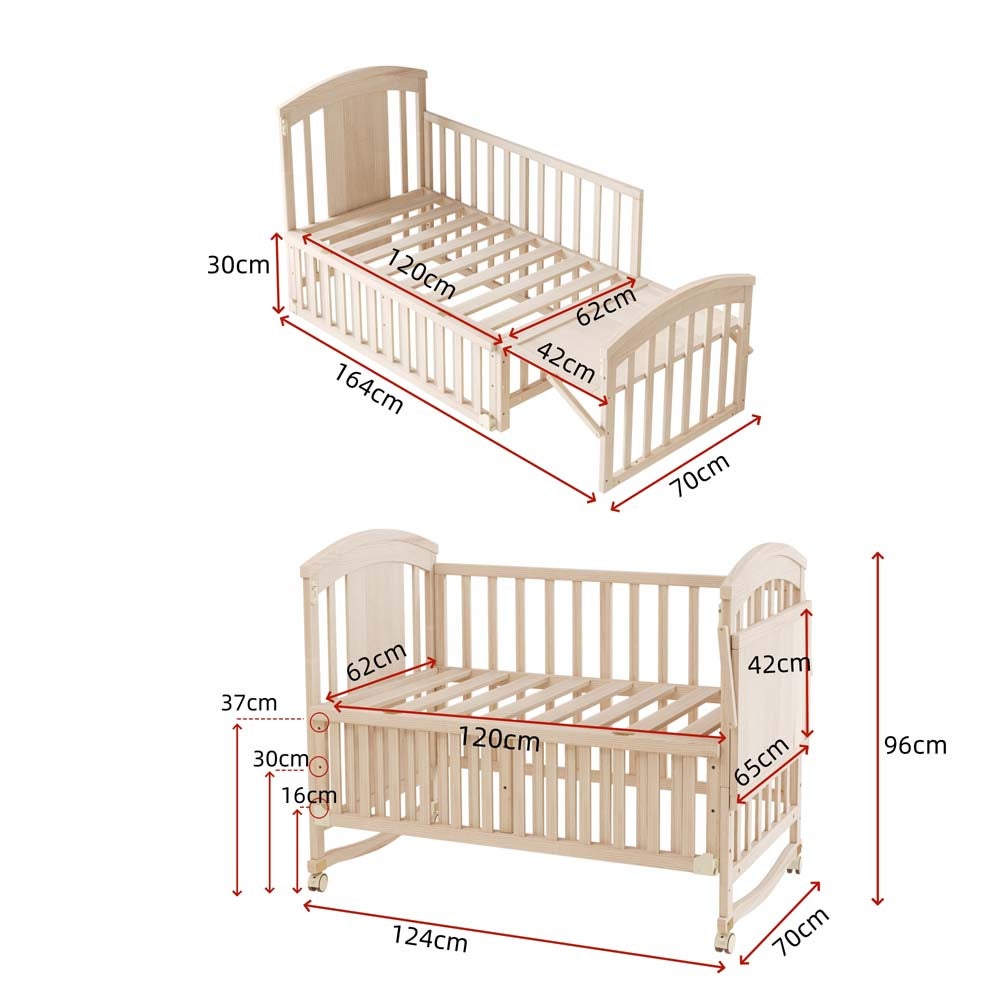 Lettino multifunzione in legno naturale con fasciatoio, contenitore pieghevole, estensibile 124x70x96 cm, senza materasso - 6