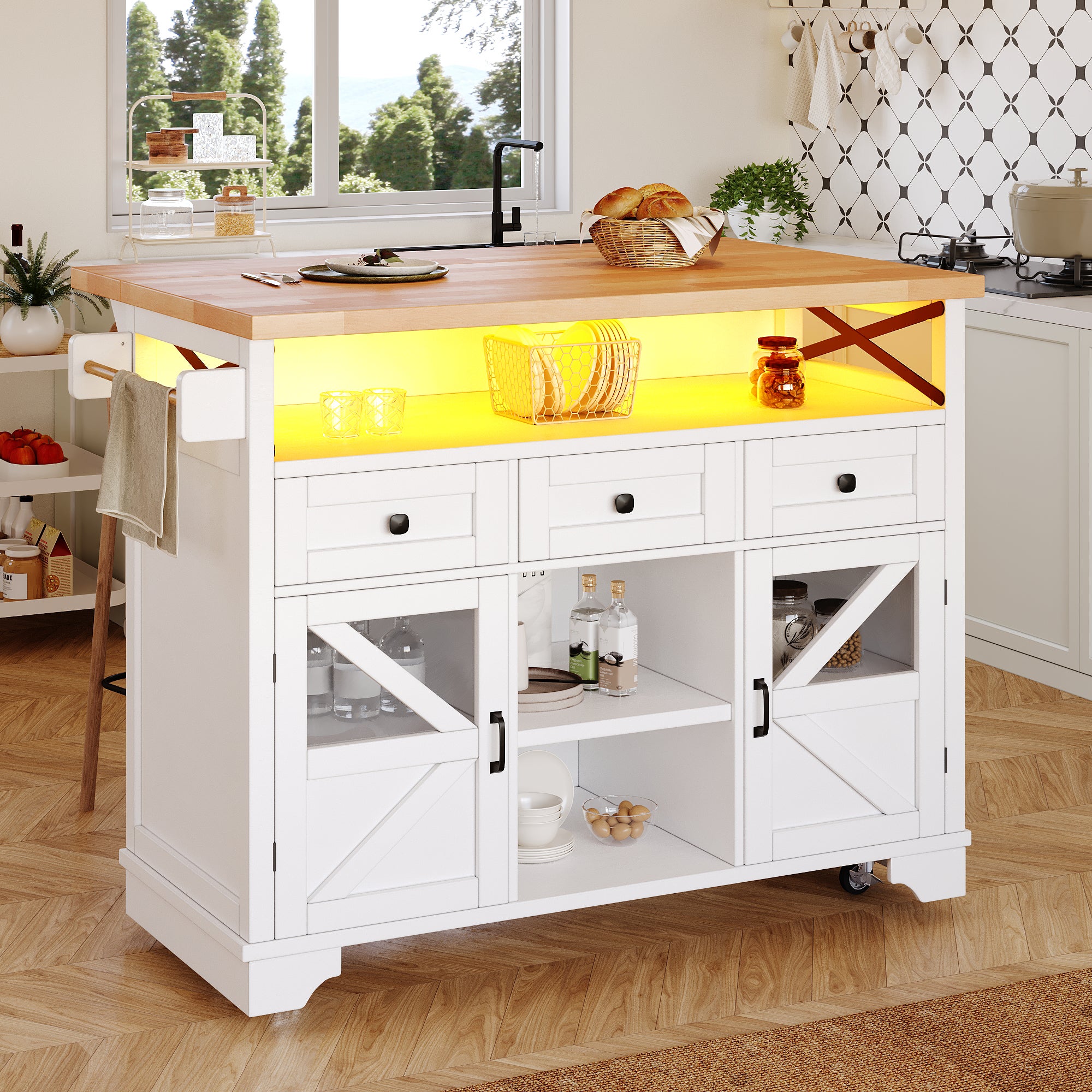 Mobilna wyspa kuchenna - Wysuwany blat - 120 x 71 x 98 cm - 2 drzwi i 3 szuflady - LED - otwarte półki - z wieszakiem na ręczniki - biała