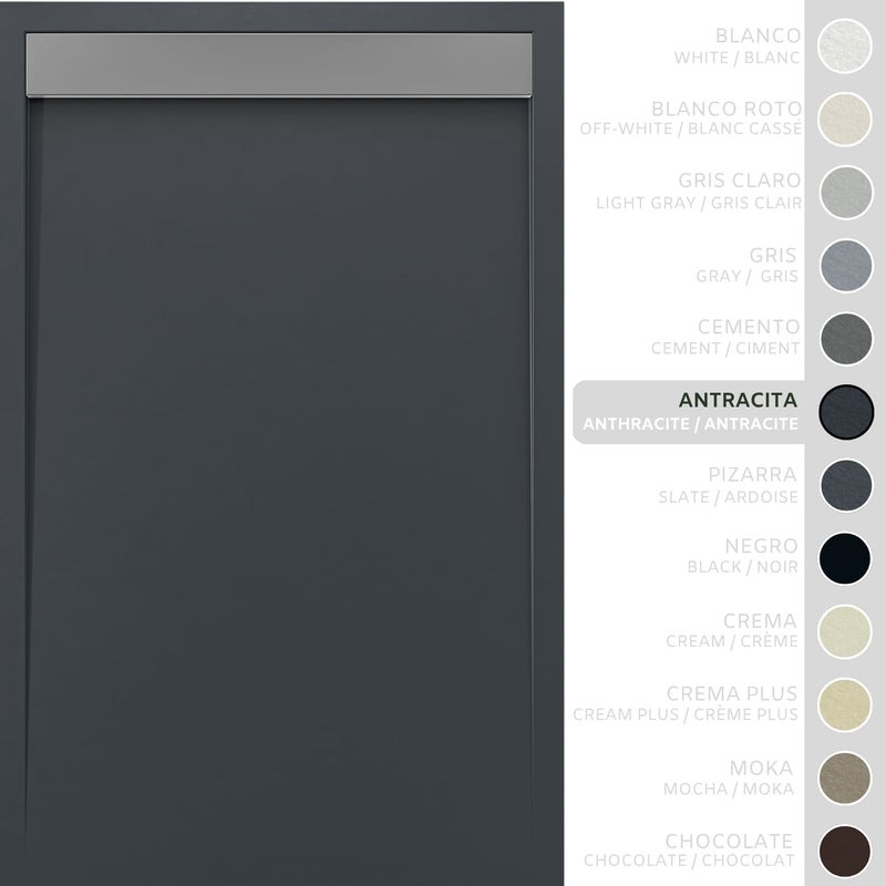 SOULHOME Brodzik prysznicowy– Żywica– Gel Coat– Gładka/Kamienna tekstura – Antypoślizgowy – antracytowy- 180x80- Niski 3cm– Ruszt INOX