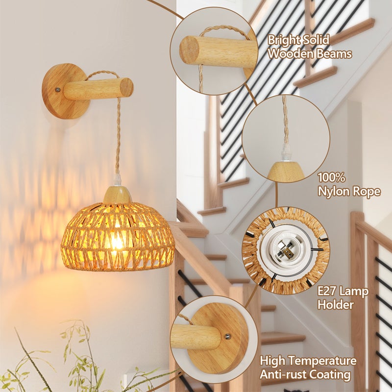 COMELY Applique Murale Rotin et Bois Design Naturel Douille E27 Luminaire Décoratif Intérieur - 4