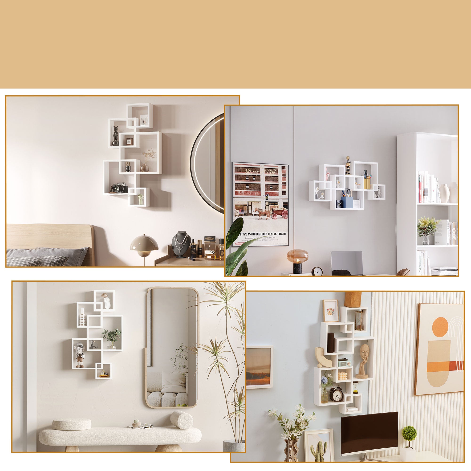 Étagère murale suspendue avec 5 cubes et 9 compartiments en bois d’épicéa blanc, 49,5 x 10,2 x 86 cm, idéale pour salon. - 5