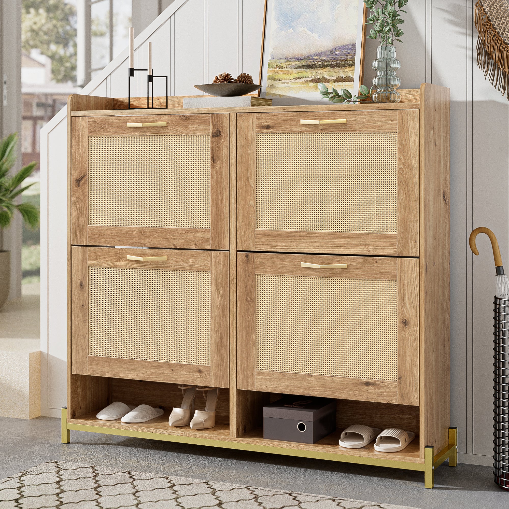 Meuble à chaussures avec 4 portes en rotin et 2 compartiments - Bois MDF - 105 x 24 x 100 cm - Coloris bois - 6