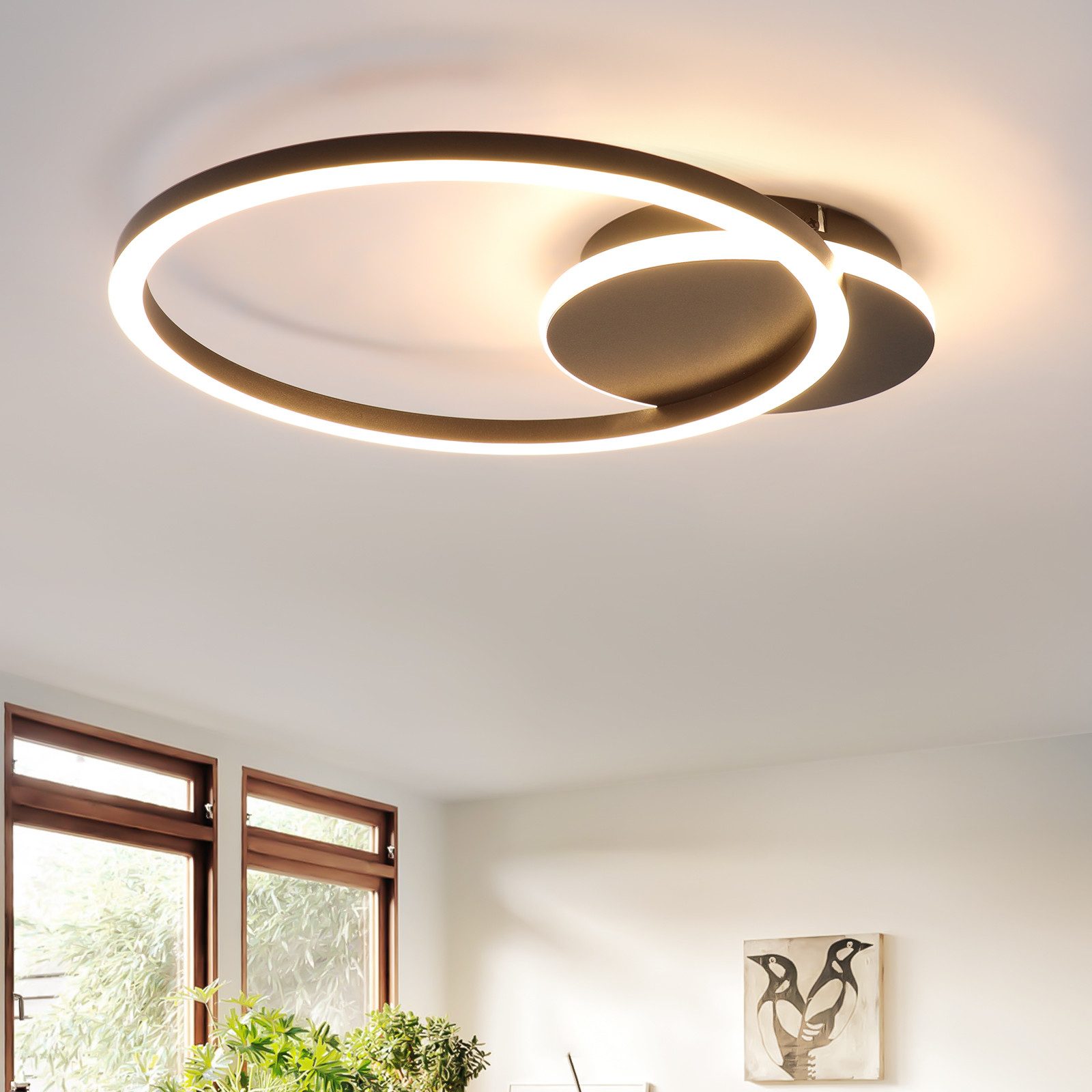 NETTLIFE Lampa sufitowa LED Salon 24W Czarna Nowoczesna 2 Pierścienie 3000K Ciepła Biel