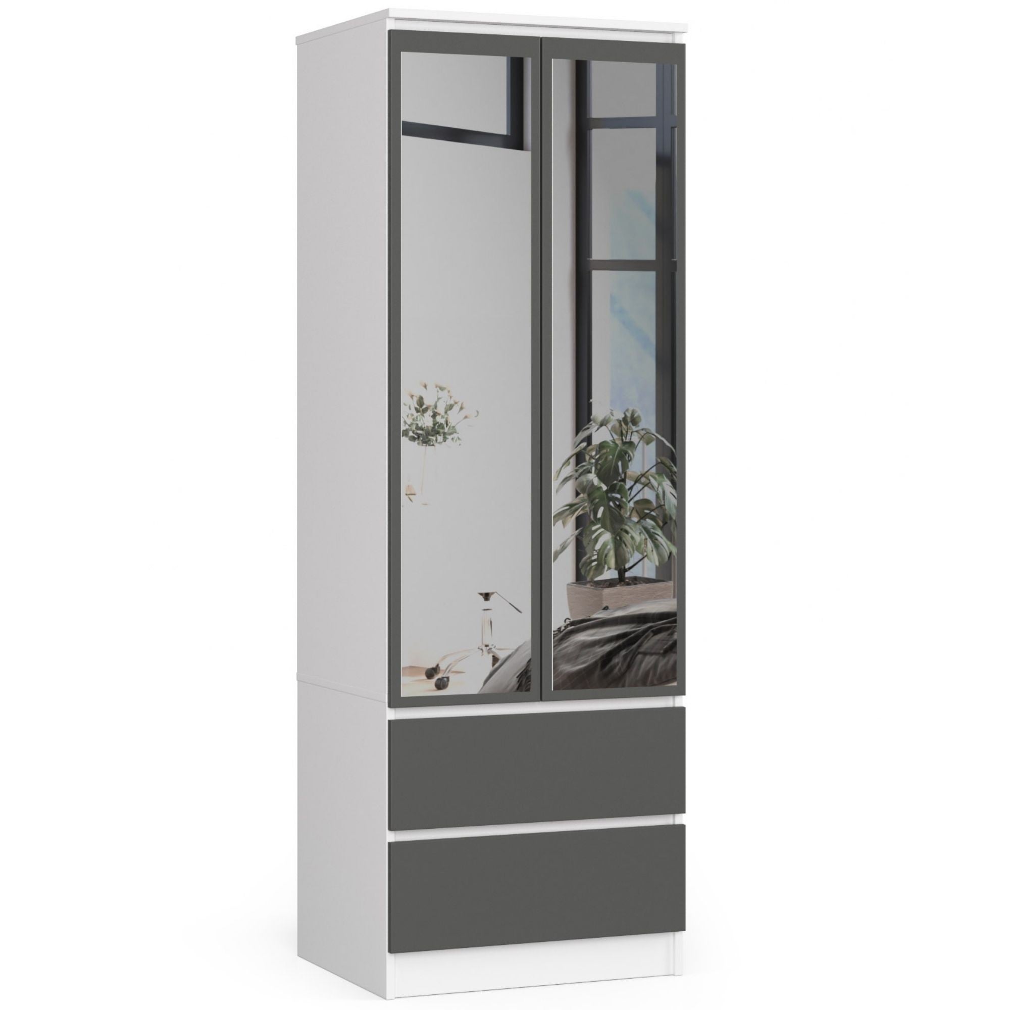 Szafa AKORD S60 Biała 60 cm z lustrem 2 drzwi 2 szuflady kolor Grafit Szary mat 1 półka 60x51x180 cm