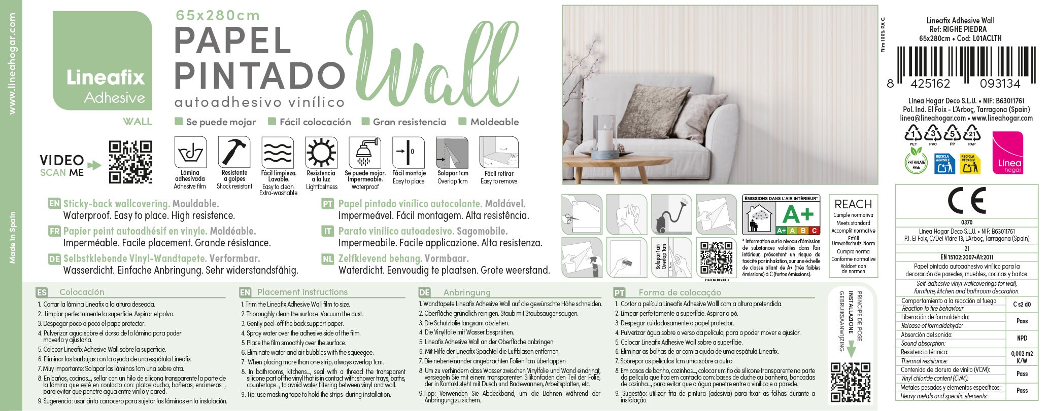 Papel pintado vinílico adhesivo Righe Piedra. Impermeable. Especial cocina y baño. Fácil colocación y limpieza. Case perfecto. 65x280cm - 10