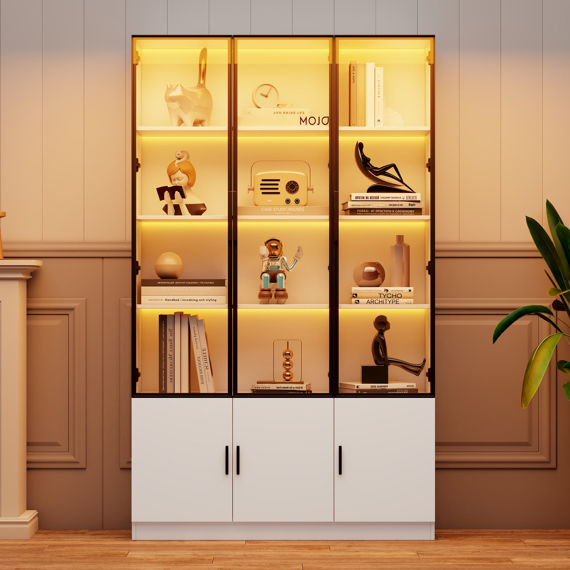 Witryna z 3 drzwiami szklanymi i 3 drzwiami drewnianymi - 120 x 32 x 200 cm - Diody LED - Płyta MDF - Biała