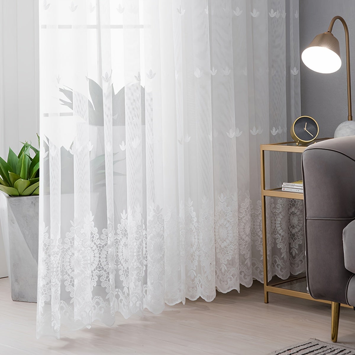 Set di 2 tende in tulle ricamate in pizzo francese, tende in tulle con pizzo a trifoglio, 52