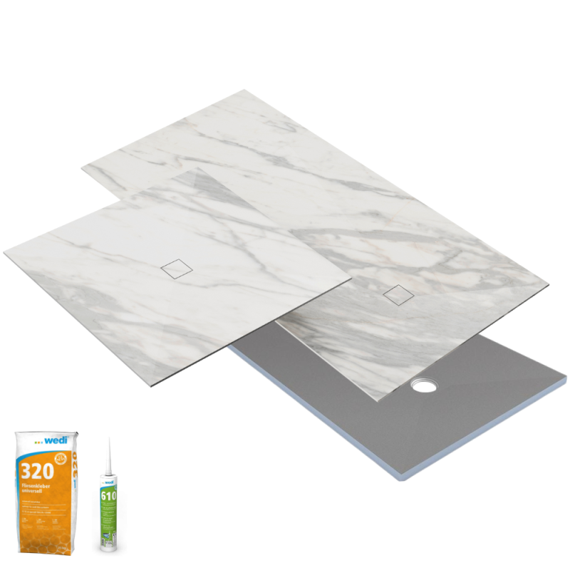 Plato de ducha a azulejo 90 x 90 wedi fundo primo + encimera revestimiento mármol blanco + cola