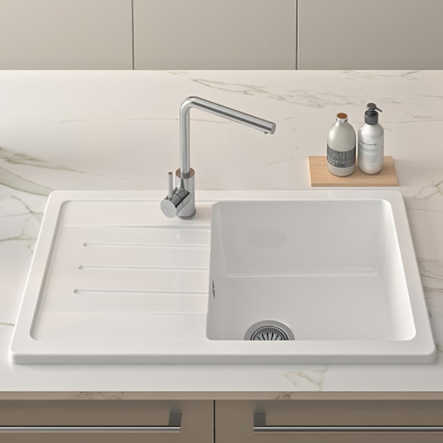 Lavandino In Acciaio Smaltato Bianco, Misure 505x370 Mm, Con Bordo In Plastica Grigio - Completo Di Tappo E Catena