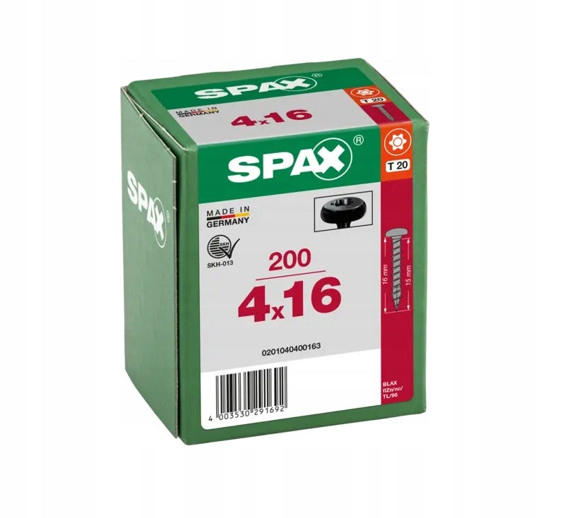 Wkręty do drewna SPAX 4x16mm,pełny gwint, łeb talerzowy, czarne 200szt.