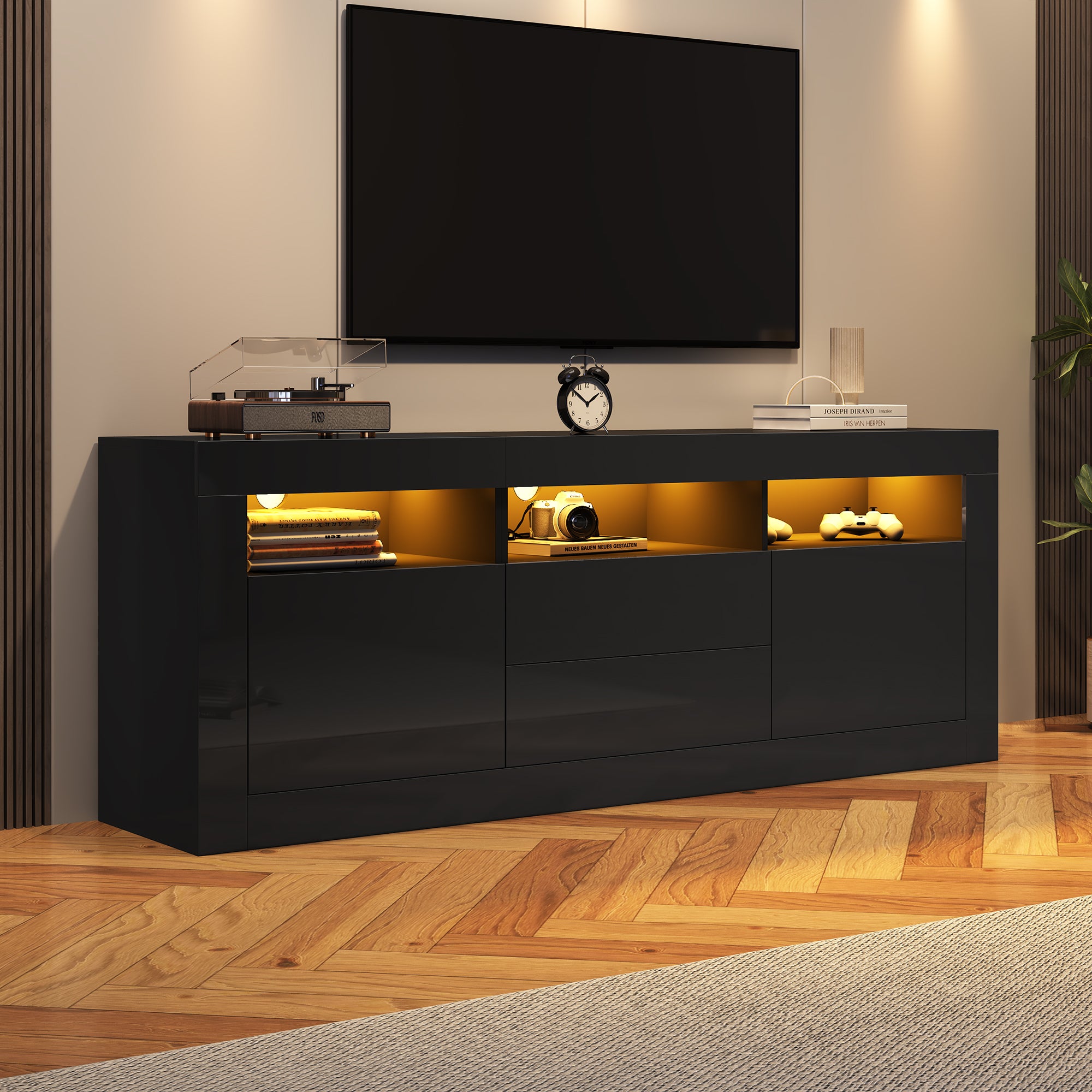 ModernLuxe Mobile Porta TV Lucido 180 Cm – Nero E Bianco Con LED E Porta USB, Design Moderno Con Illuminazione 16 Colori