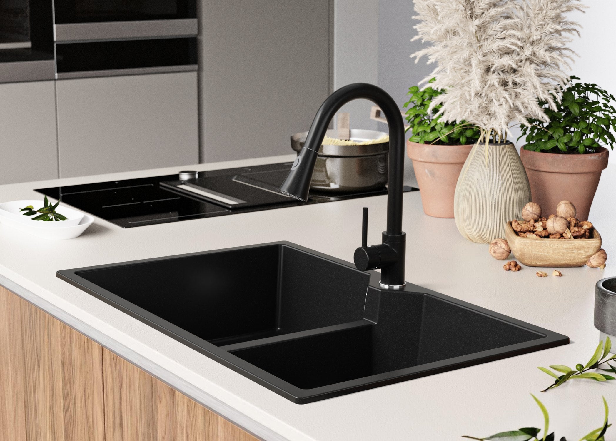 Evier Cuisine en Granit Noir 78x50cm, Lavabo 2 bacs + Kit de Vidage, Évier à Encastrer au meuble 80cm - Madrid Twin PRIMAGRAN - 3