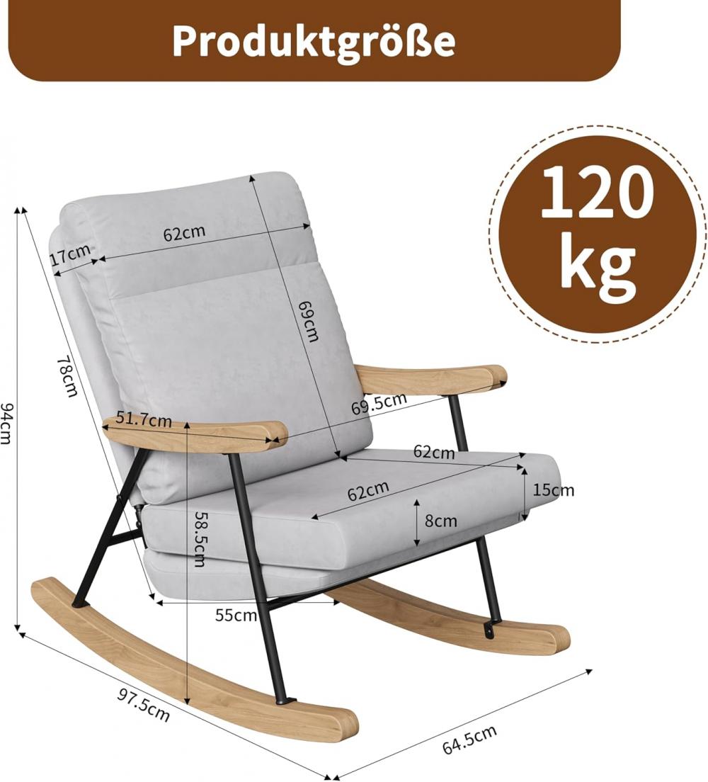 Chaise à bascule scandinave en lin ergonomique, bois massif et métal, fauteuil relax salon chambre. - 2