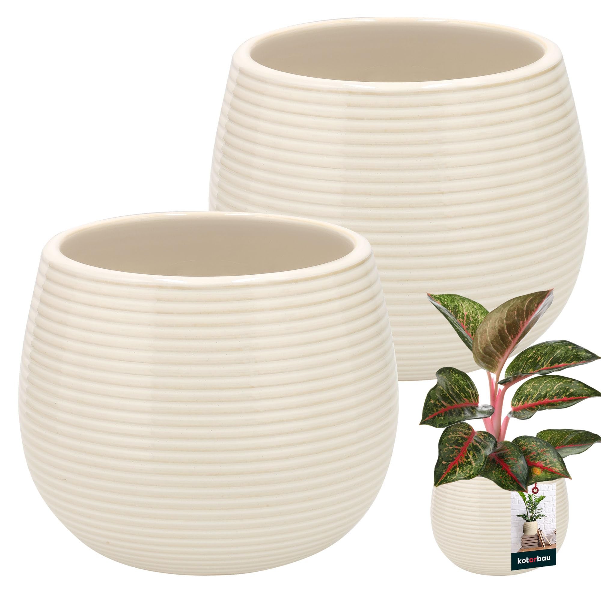 Doniczka ceramiczna okrągła ryflowana na kwiaty 12 cm zestaw 2 szt. - Kolor kremowy - KOTARBAU