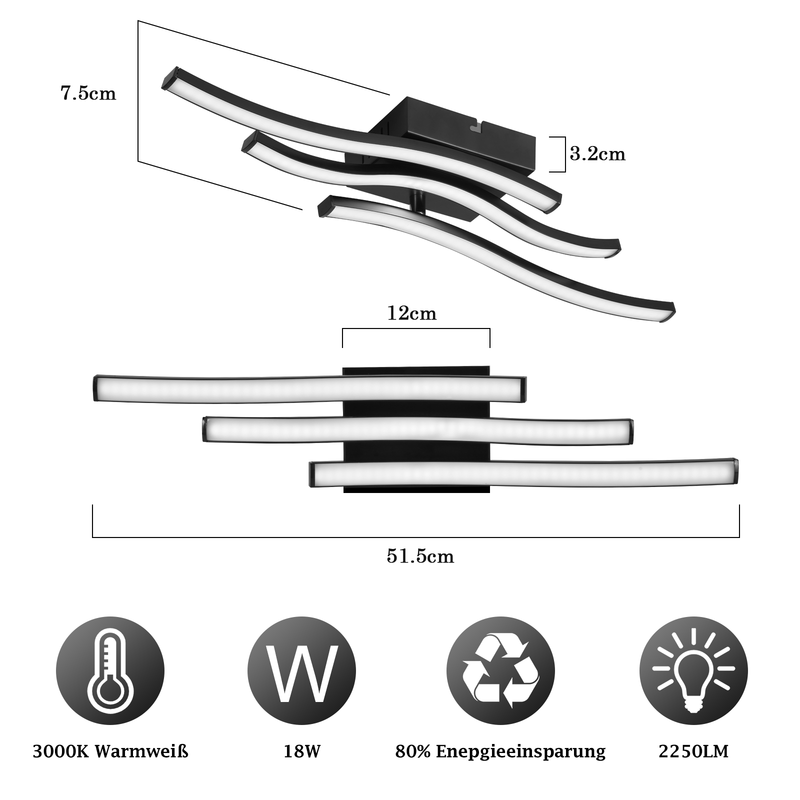 Lampa sufitowa LED Nettlife Wave Design, czarna – 18 W, 3000 K, ciepła biel – nowoczesna lampa do salonu, sypialni, kuchni i przedpokoju - 2