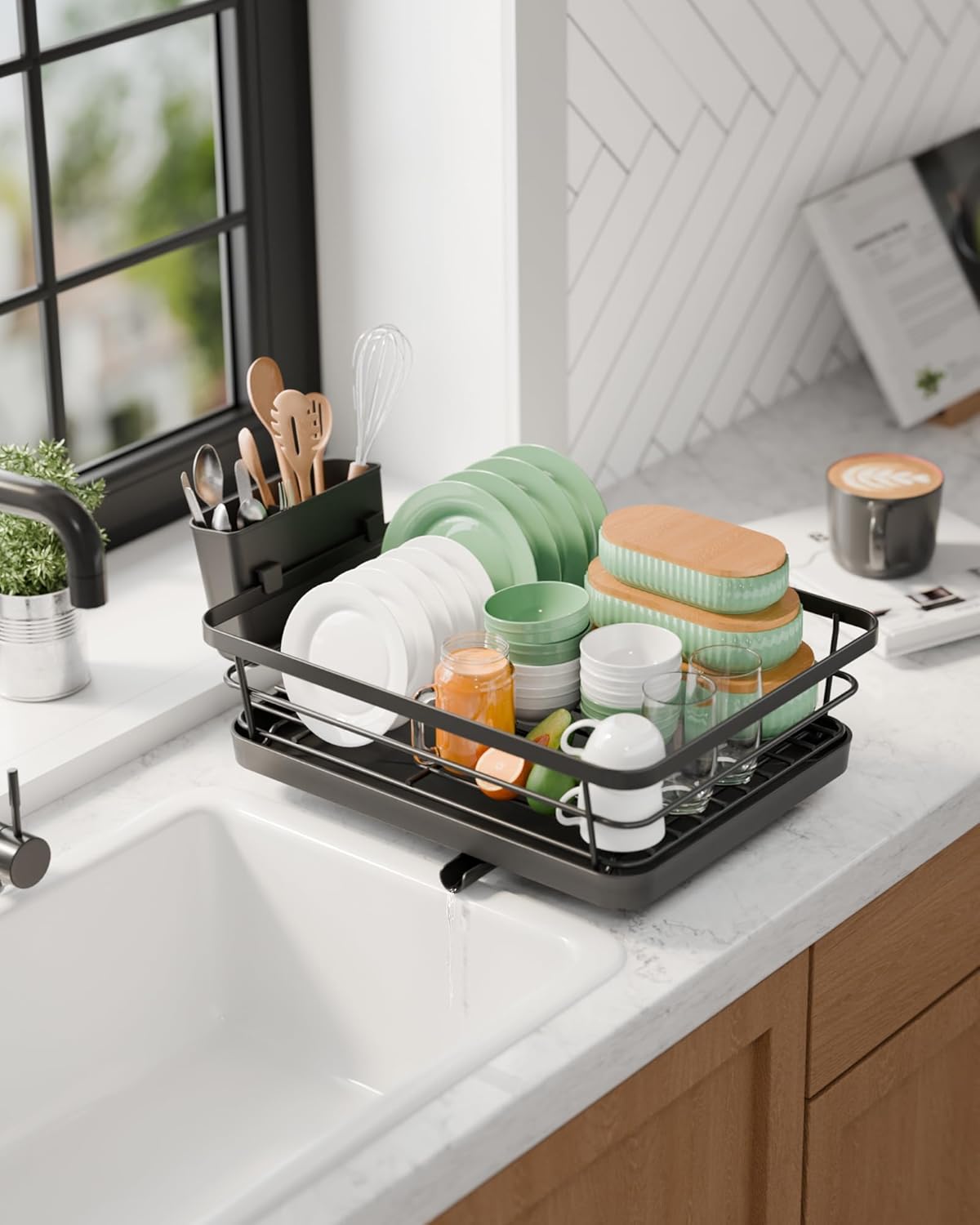 Egouttoir Vaisselle Cuisine - Egoutoire Compact et Gain de Place, Seche Vaisselle en Acier Inoxydable avec Porte-Couverts,29,0 x 38,1 x 12,7 cm - 3