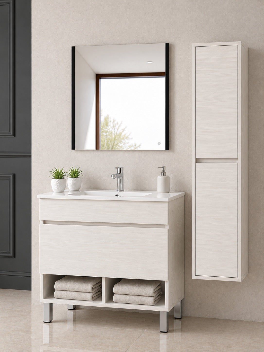 Mobilier de baie cu picioare cu lavoar ORIGENBATH NEBARI cu picioare și sertar cu coloană 70x40 cm alb nordic cu coloană