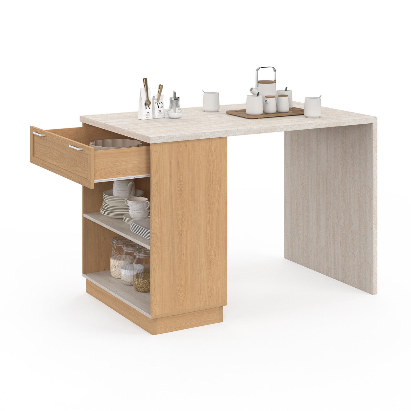 Ilot central mange-debout 4 personnes VITO 130 cm bois et plateau effet travertin - 4